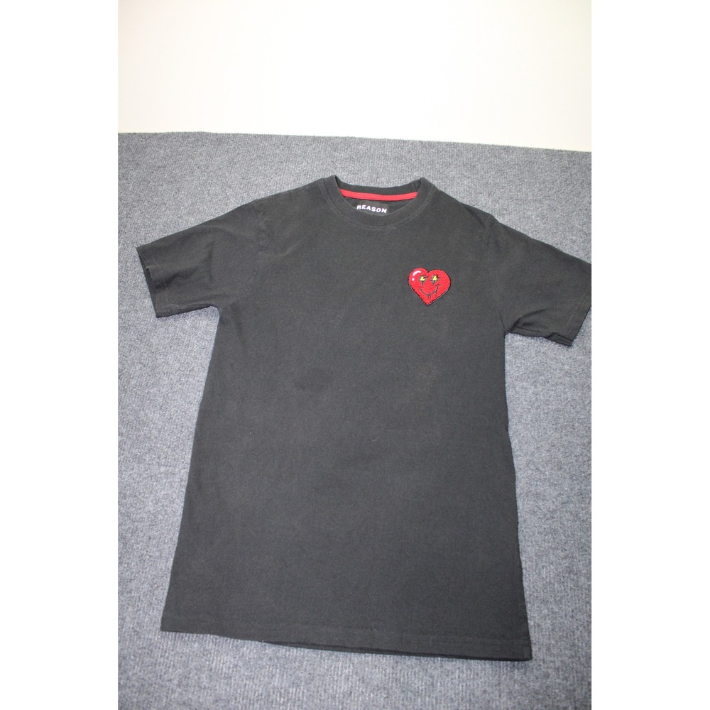 Reason Clothing Mens Small Black T-Shirt Embroidered Heart Smiley Face Patch Tee